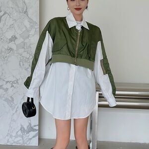 Green and White Cropped Jacket with Shirt